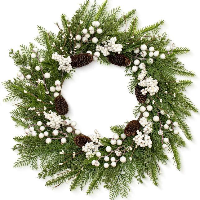 Outdoor Christmas Wreath 22 Inch Winter Wreaths for Front Door Artificial Norfolk Pine Wreath with White Berries and Pine Cones for Xmas Holiday Decoration