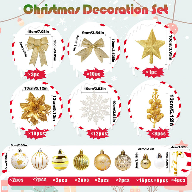Christmas Tree Decoration Set, 88 Pcs Gold Christmas Ornaments Set with White Gold Christmas Ornaments Balls,Christmas Glitter Poinsettia Flowers,Glitter Berries Stems, Snowflakes, Bow for Christmas