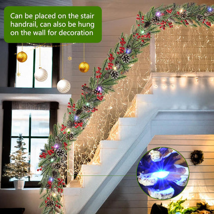 6.8 FT Artificial Christmas Pine Garlands Decoration, Faux Real Touch Norfolk Pine Garland Christmas Greenery Garland with Red Berries Cedar for Mantle Fireplace Stairs Indoor Xmas Home Holiday Decor