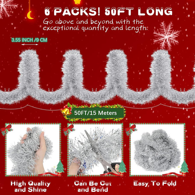Riceshoot 300 ft 6 Rolls 50 Feet Christmas Tinsel Garland, Frost Tip Metallic Streamers Shiny Garlands for Decoration, Holiday Xmas Tree, Birthday, Wedding, Christmas Party Supplies (Silver)