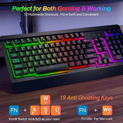 Large Print Rainbow Backlit Gaming Keyboard, Wired USB Light Up Computer Keyboard with Big Letters Keys,12 Multimedia Keys, Wrist Rest, All-Metal Panel,Full Size Keyboard, for PC,Laptop