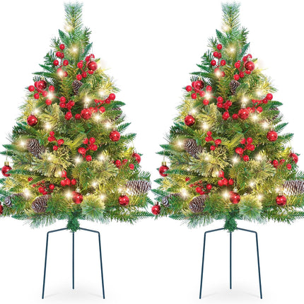 Set of 2 Outdoor Pathway Christmas Trees, 30” Battery Operated Pre-Lit Artificial Xmas Trees with 35 LED Lights, 8 Flash Modes, Holiday Décor for Porch Yard with Red Berries/Pine Cones/Ball Ornaments