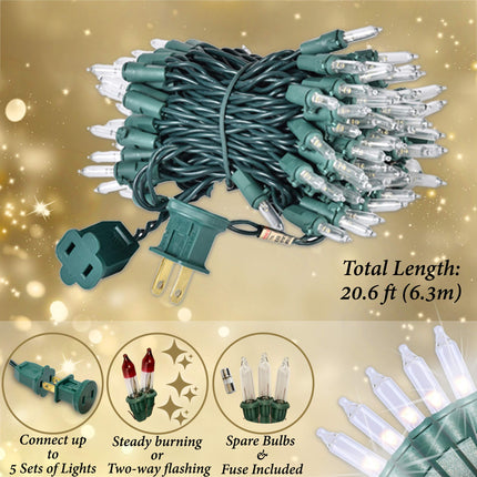 Holiday Essence Clear Christmas Lights Green Wire, 100 Incandescent Mini String Lights Set for Indoor Outdoor Holiday Lighting Decoration, Christmas Tree Lights, Static Flashing UL