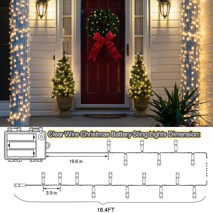 4 Pack Battery Christmas Light String 16.5Ft 50 LED Clear Wire Sting Lights Christmas Tree Wrapped Lights Timer 8 Modes Auto On/Off Christmas Fairy Lights for Indoor Outdoor Patio Wreath Garden Deck