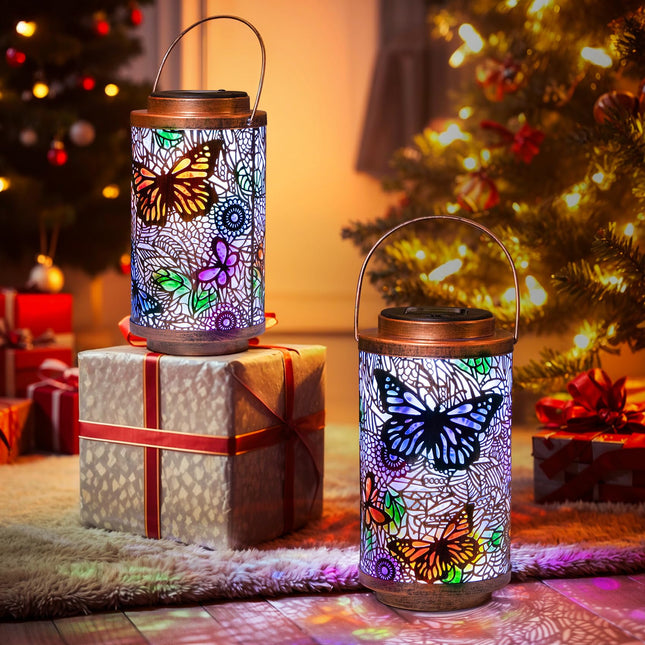 2Pack Outdoor Solar Lanterns Waterproof Butterfly Garden s Multicolor Solar Outside Lights Metal Patio Lantern for Yard Decor, Tabletop, Party, Backyard, Porch, Christmas s for Mom Women