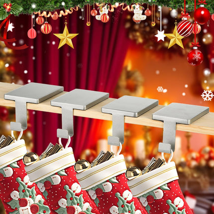 Christmas Stocking Holder Metal Fireplace Stocking Hangers Mantel Christmas Stocking Hanging Hooks Ornament Hooks Heavy Duty Weighted Stand Holder Bases for Xmas Party Decor (4, Silver)