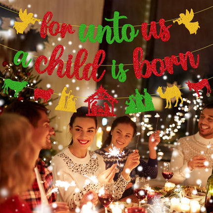Merry Christmas Decoration For Unto Us A Child is Born Sign Banner Nativity Garland Decor Let Jesus Light Yours Way God Xmas Bible Religious Holiday Year theme Party Event Anniversary Celebration