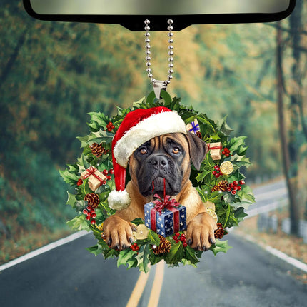 Talataca English Mastiff 2D Flat Christmas Ornament, Mastín Inglés Wearing A Christmas Hat Wreath Pine Tree Decor, Hanging House Charm Eve Keepsake, Car Rear View Mirror Accessories, Xmas