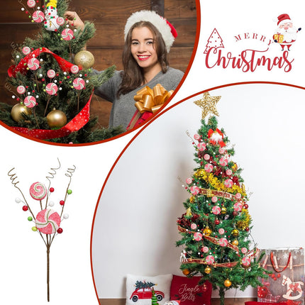Yinkin 6 Pcs Peppermint Candy Cane Pick Spray Ornament 13 Inches Red Green White Stripe Lollipop Sprays Floral Berry Christmas Picks and Sprays for Christmas Tree Wreath Decoration Home Party Craft