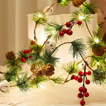 Fleeting Time Pine Cone Christmas Garland Lights, 2 Pcs 6.56 Ft 20 LED Lights String with Red Berry and Bells,Indoor Outdoor Thanksgiving Xmas Holiday Decoration (Bell)