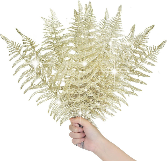 Yunsailing 40 Pcs Christmas Glitter Leaves Artificial Flashing Leaves Tropical Leaf Wedding Picks Flower Arrangements Wreath DIY Leaves Ornament for Wedding Party Xmas Decoration(Champagne Gold)