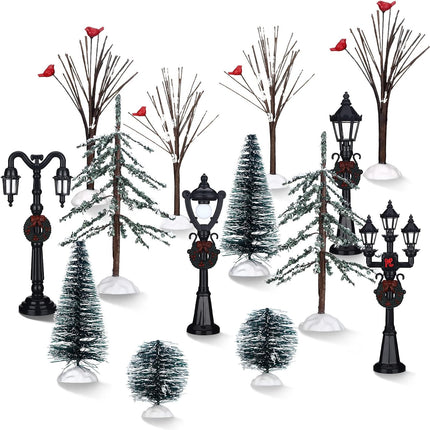 14 Pcs Christmas Accessories Village Figurine Miniature Pine Trees Snow Artificial Christmas Trees Bare Branch Trees Street Lights Lamps for Xmas DIY Crafts Winter Room Landscape (Vivid Style)