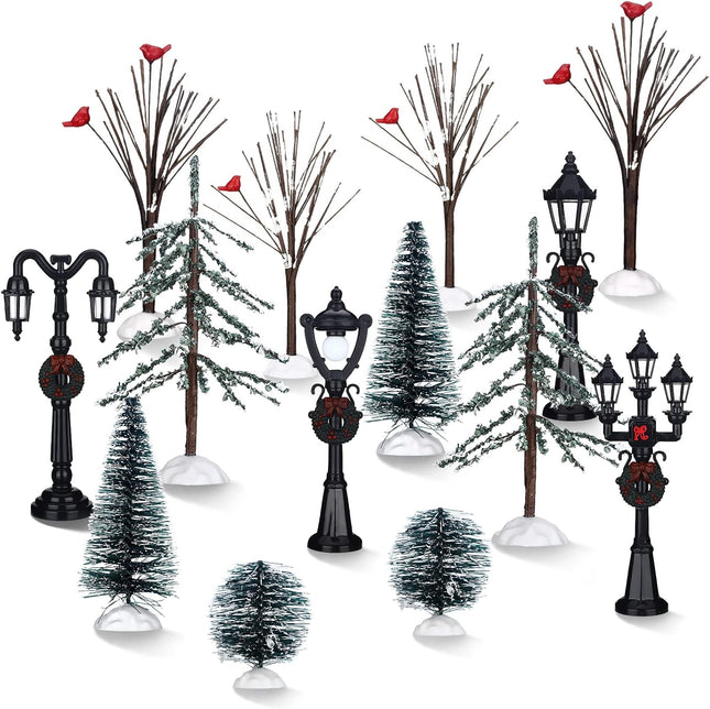 14 Pcs Christmas Accessories Village Figurine Miniature Pine Trees Snow Artificial Christmas Trees Bare Branch Trees Street Lights Lamps for Xmas DIY Crafts Winter Room Landscape (Vivid Style)