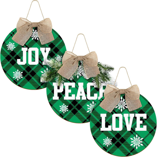 3 Pieces Christmas Hanging Sign Decorations Peace Joy Love Sign Buffalo Check Plaid Wreath for Front Door Rustic Burlap Wooden Holiday Decor Christmas Indoor Outdoor Decorations (Green Black)