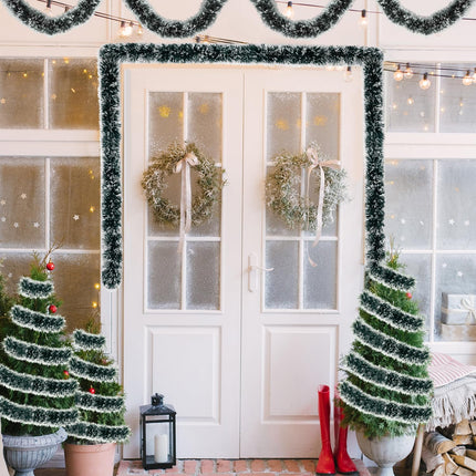 50 Feet Garland Christmas Decorations, Green Snowy Christmas Garland, Artificial Thick Christmas Garland for Xmas Party Hanging Ceiling Stairs Decor Indoor Outdoor