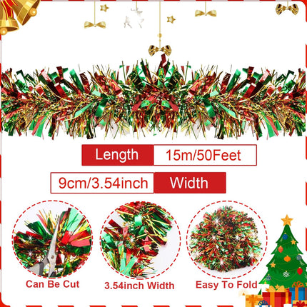 50Ft Christmas Tinsel Twist Garland, Metallic Twist Garland Tree Decorations for Christmas Tree Year Party Birthday Holiday Supplies Indoor and Outdoor Decoration (Red Green Gold)
