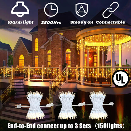 Christmas Icicle Lights 8.5 ft 150 Count String Lights Warm White Christmas Decorations Plug in Waterproof Christmas Lights for Outdoor, Xmas, Patio, Courtyard Decor (150 Count Warm White, Plastic)