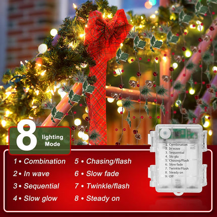 Crafare 6FT Christmas Garland Pine Cones String Lights with 20 LED Red Berry Pine Cone Garland Lights, led Garland String Lights for Christmas Home Decorations