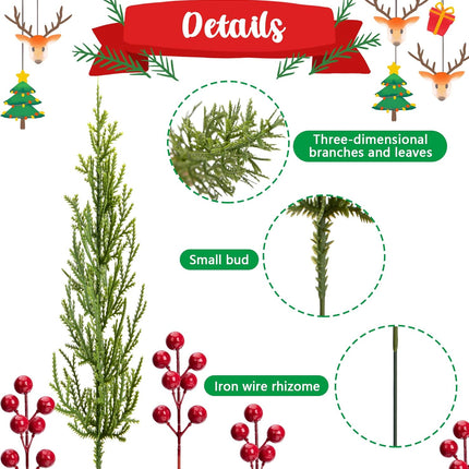 30 Pcs/Set Christmas 3D Artificial Pine Branches- 12.5 Inch Faux Evergreen Cedar Sprigs Branches- Fake Foliage Pine Needles Picks with Artificial Red Berry Stems for DIY Christmas Decoration