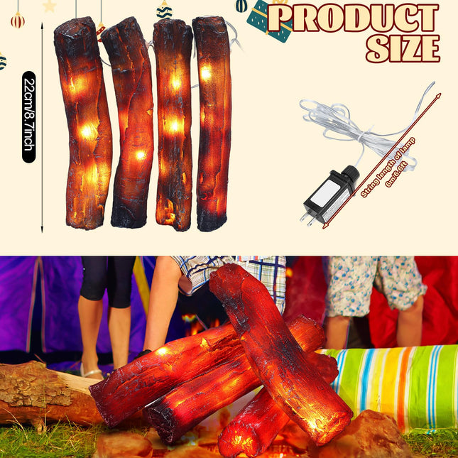 Tuanse 4 Pcs Christmas Fireplace Logs Light Fake Fireplace Logs Flameless Fireplace Lights LED Fireplace Log Fake Flameless Fire Log LED Log for Christmas Ornament Home Winter Indoor Party Decoration