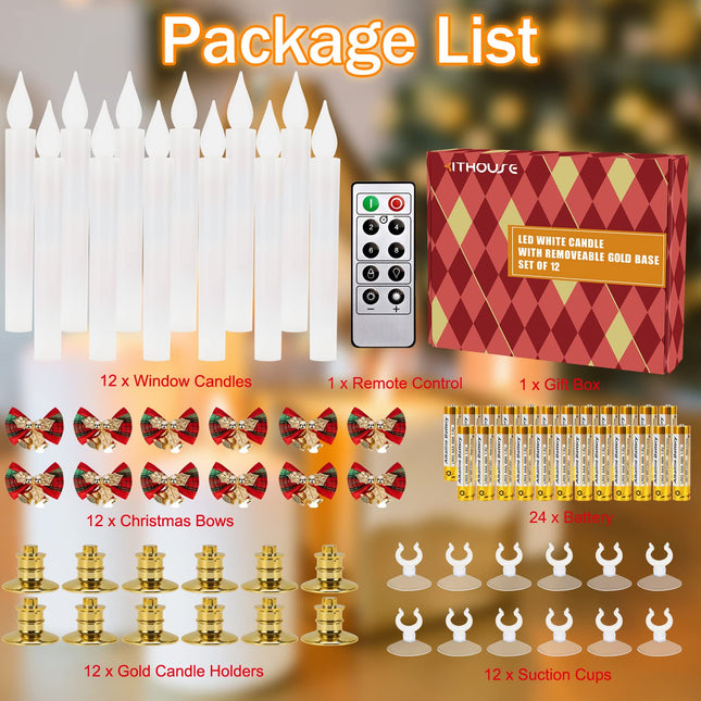 Flameless Candles-Window Candles-LED Battery Operated Candles with 24 AAA Batteries,10-Key Remote and Daily Timer,Window Suction Cups,Gold Removable Holders,Christmas Bow