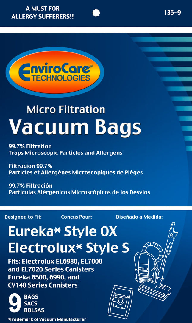 Envirocare Micro Filtration Vacuum Cleaner Dust Bags Designed To Fit Electrolux Harmonyoxygen Style S And Eureka Canisters Style S Canisters 9 Pack