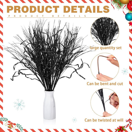 Christmas Glitter Curly Tree Picks Wispy Willow Stem Glittered Twigs Decor Wreath Garland Floral Arrangement Glitter Stems for Xmas Tree Decor(Black,24 Pcs)