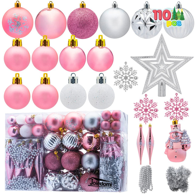 Joiedomi 110 Pcs Christmas Assorted Ornaments with a Star Tree Topper, Shatterproof Christmas Ornaments for Holidays, Party Decoration, Tree Ornaments, and Events (Rosegold,Silver&White)