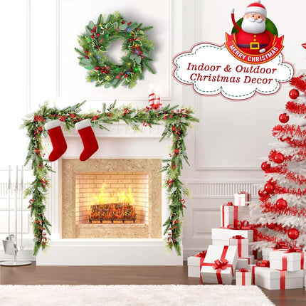 6FT Artificial Christmas Wreath with LED String Lights, Battery Operated, Berry/Eucalyptus Leaf/Pine Needle Green Wreath for Mantel Holiday Decorations Glow in The Dark Christmas Garland