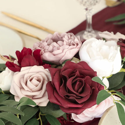 Floroom 6ft Artificial Eucalyptus Garland with Flowers Fake Greenery Faux Floral Vine Garland for Table Decor Wedding Centerpieces Bridal Shower Party Decorations, Burgundy & White