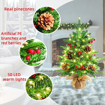 Tabletop Small Christmas Tree 22 Inch Mini Artificial Christmas Tree with 50 Warm White Lights (8 Modes), Include Pinecones and Red Berries,Mini Xmas Trees for Christmas Decorations Indoor Home Decor