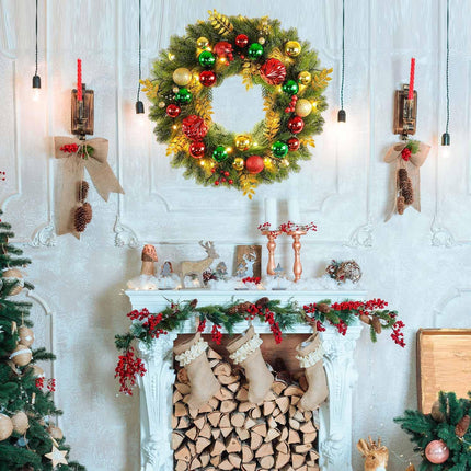 18 Inch Pre-Lit Artificial Christmas Wreath with 40 Lights, Red and Green Christmas Ball for Front Door Indoor Outdoor Farmhouse Festival Home Décor