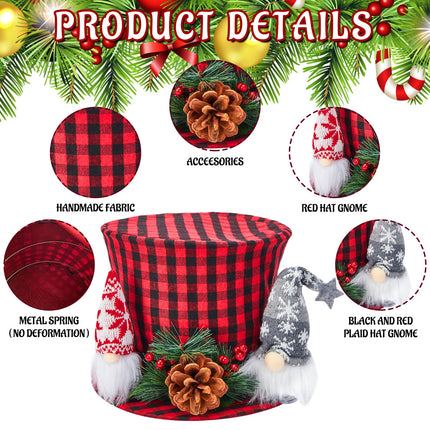 Christmas Tree Topper, Red and Black Buffalo Plaid Top Hat Christmas Tree Decorations Santa Gnome Ornaments Large Christmas Hat Tree Toppers Decor for X'Mas Home Party Supplies Festive Xmas Idea