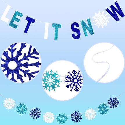 3 Pieces Let It Snow Banner, Glitter Winter Snowflake Garland Banner, White Blue Snowflake Hanging Ornaments for Christmas Holiday Party Decorations Year Festive Frozen Party Supplies