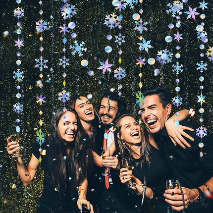 65Ft Winter Wonderland Snowflakes Decorations Iridescent Snowflake Garland- Shimmer Holographic Paper Snowflakes Streamers for Iridescent Party Decor Christmas Frozen Themed Birthday Baby Shower Decor
