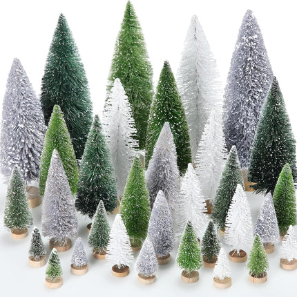 32 Pcs Artificial Mini Christmas Trees 1.4-7.9 Inch Sisal Bottle Brush Trees with Wooden Base Plastic Small Christmas Tree Miniature Pine Tree for Christmas Party Decoration Table Craft Decor
