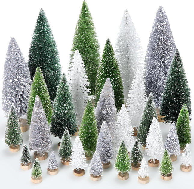 32 Pcs Artificial Mini Christmas Trees 1.4-7.9 Inch Sisal Bottle Brush Trees with Wooden Base Plastic Small Christmas Tree Miniature Pine Tree for Christmas Party Decoration Table Craft Decor