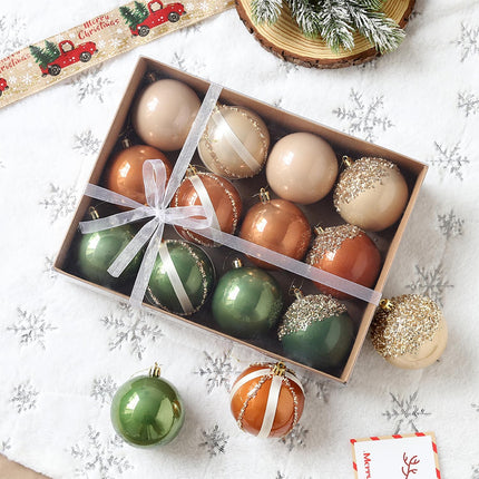 12 Pcs Christmas Ball Ornaments Set Brown Green Champagne Neutral Shatterproof Christmas Tree Decorations 3.15 Inch Glittering Decorative Hanging Ornament Bulk for Xmas Tree Wreath Holiday Party Decor