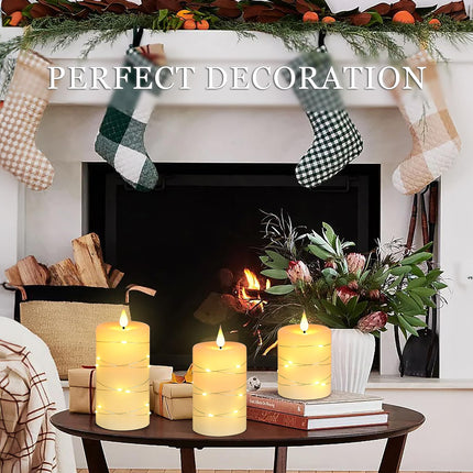Upinmz Flameless Candle Battery with String of Lights Battery Powered LED Candle Flashing Candle with Remote Control and Timer 3 Packs (Ivory)