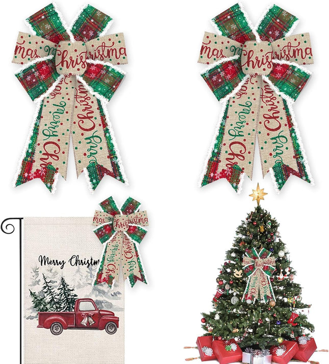 2PCS Merry Christmas Bow for Wreath, Burlap Red Green Plaid Wreath Bow for Christmas Décor Winter Bow for Front Door Indoor Outdoor Wall Tree Topper Decoration Supplies Xmas Hanging Ornament