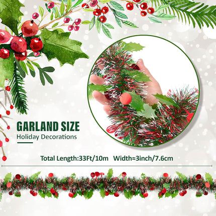 33 Ft Christmas Tinsel Garland, Green Glitter Xmas Tree Decorations with Frost Tip Leafs and Red Berry Shapes, Metallic Fluffy Hanging Party Ornaments for Ceiling Stairs