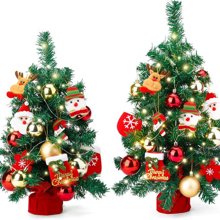 Mini Christmas Tree Set of 2, Tabletop Artificial Christmas Tree with Lights, Felt Ornaments, Ornament Balls, Desk Small Xmas Tree for Christmas Decorations, Including 4xAA Batteries