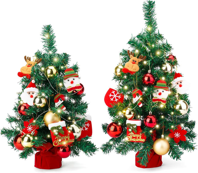 Mini Christmas Tree Set of 2, Tabletop Artificial Christmas Tree with Lights, Felt Ornaments, Ornament Balls, Desk Small Xmas Tree for Christmas Decorations, Including 4xAA Batteries