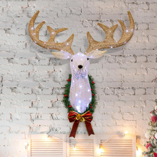 Lighted Christmas Reindeer Head Wall Decor，3D Rudolph Hanging Wreath，50 Waterproof LED Lights for Indoor/Outdoor Use. Perfect for Decoration during Xmas Holidays. Ideal Christmas Deer Outdoor Décor.