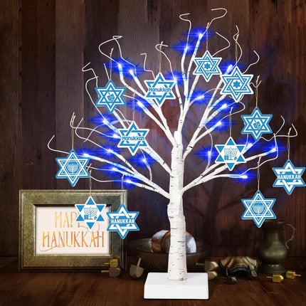 24'' Hanukkah LEDs Lighted Birch Tree with 12pcs Ornaments,Blue Lights Tabletop Pre Lit Tree Light for Christmas Hanukkah Decor