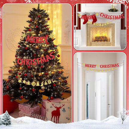 Set of 3 Pre-Strung Merry Christmas Banner Merry Christmas Garland Glitter Xmas Sign Inside Hanging Decor Outdoor Indoor Decoration for Home Holiday Party Supplies Porch(Red, Gold)