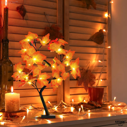 KatchOn, Artificial Maple Tree with Lights - 18 Inch 24 LED Fall Lighted Maple Tree Autumn Trees with Lights, Thanksgiving Decorations Indoor Fall Tree with Lights for Fall Decorations for Home