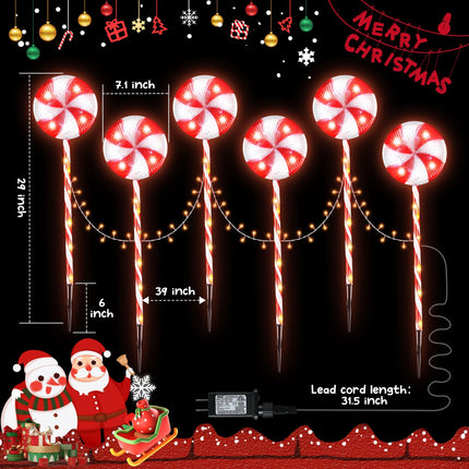 Lollipop Christmas Pathway Lights Outdoor, 6 Pack 29 Inch 160 LED Pathway Markers Lights with Stakes, Lighted Candy Cane with 8 Light Modes for Xmas Walkway Decor (Red and White)