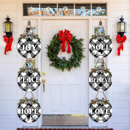6 Pcs Christmas Hanging Sign Decorations Plaid Wreaths Door Sign Plastic Round Peace Joy Love Decorative Sign with Rope for Xmas Holiday Party Front Door Windows Walls Decor (Black and White)
