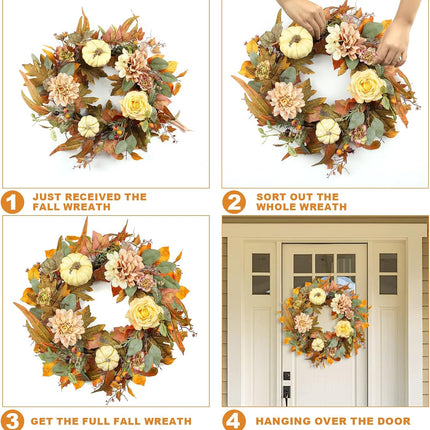 Fall Wreath, Pumpkin Fall Wreaths for Front Door, 22 inch Autumn Wreath for Indoor Outdoor Harvest Festival Thanksgiving Christmas and Fall Decorations